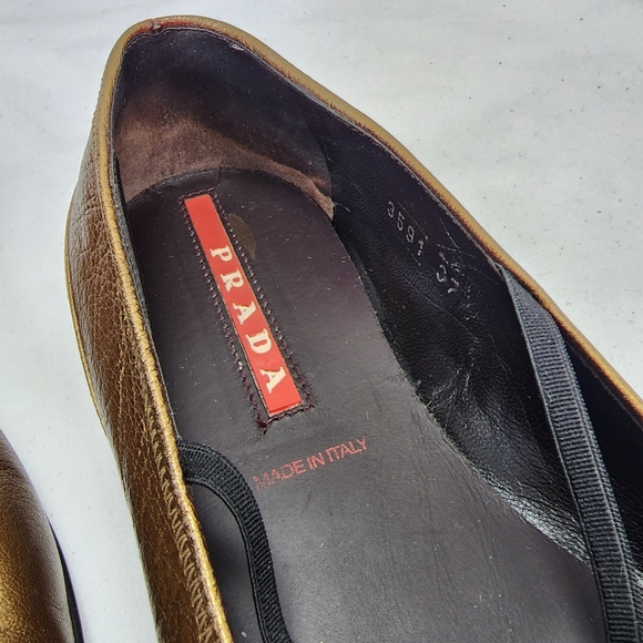 Prada Bronze Leather Elastic Band Flat Shoes Prada Size 37.5 US 7.5 - Picture 8 of 11
